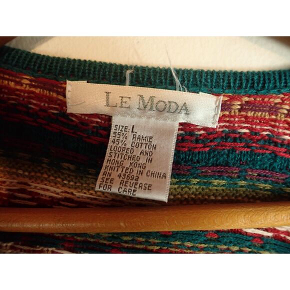 La Moda Cardigan Patterned Green Red Strip Zipper Front Size Large - Picture 4 of 6